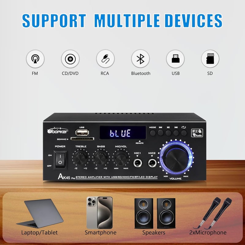 WOOPKER AK45 Pro Amplifier Home Audio Stereo Receivers with Bluetooth 5.0,Max 400W,2.0 Channel Stereo Amplifier System for Home Theater Speakers, Karaoke,Garage,Home Amp with USB,SD,RCA,2 MIC in - Image 2